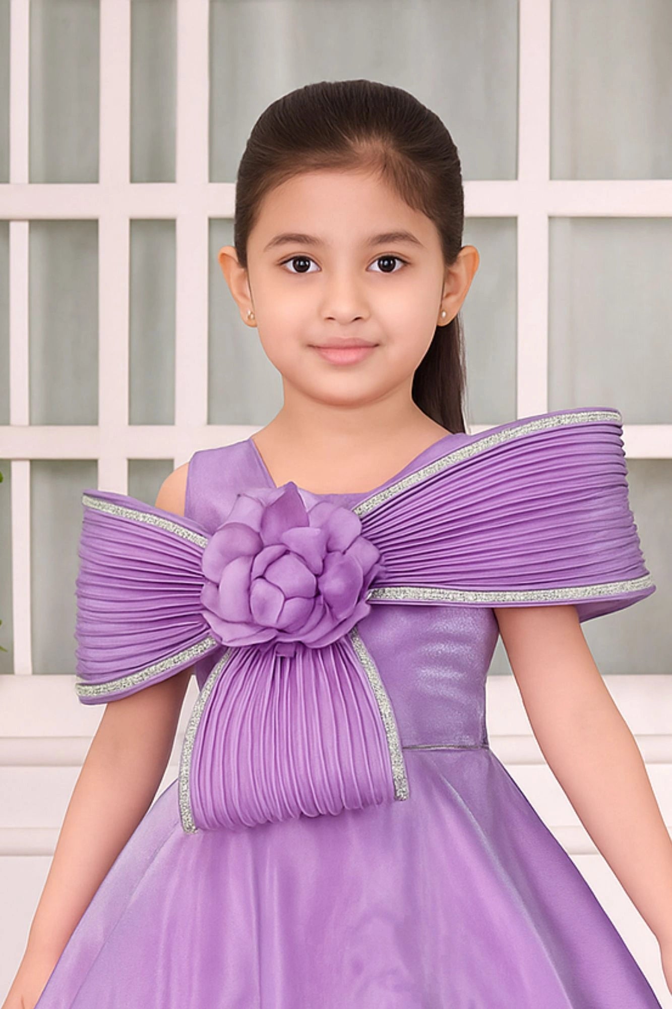 Designer Purple Party Wear Gown with Oversized Pleated Bow and Rosette Embellishment For Girls