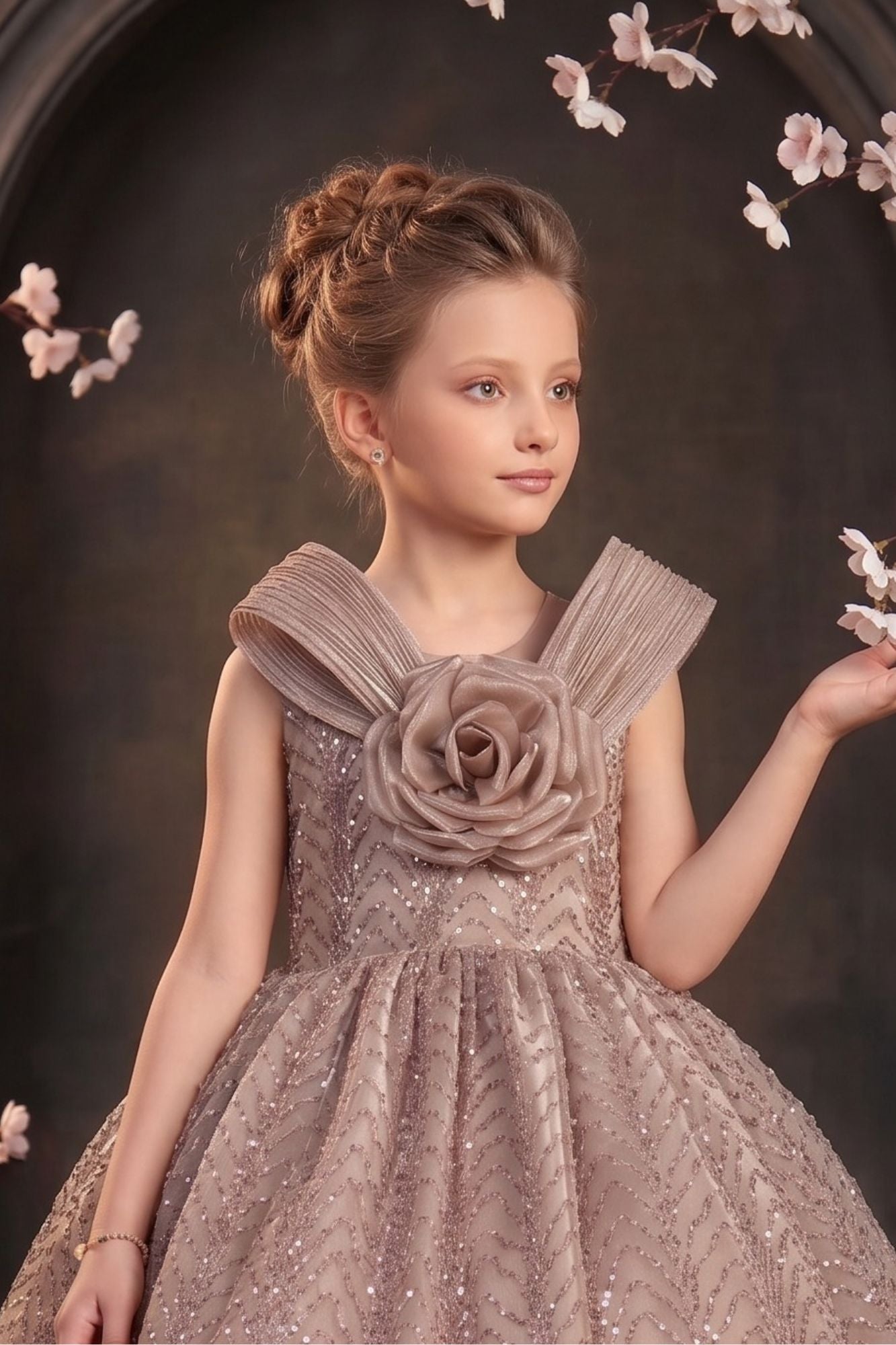 Girls Fawn Party Wear Frock with 3D Floral Bow And Sequin Detailing