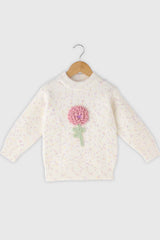 Cream Polo Neck Pullover With Floral Embroidery For Girls