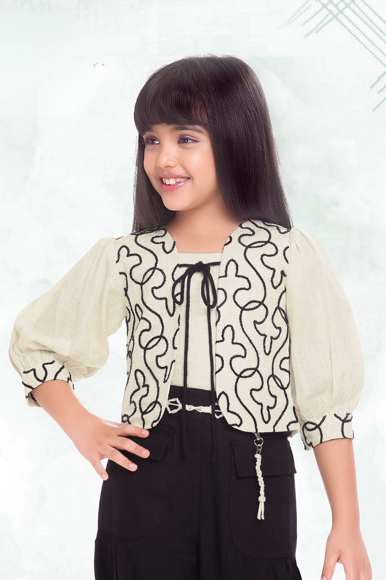 Casual Cream Floral Embroidered Co-ord Set For Girls