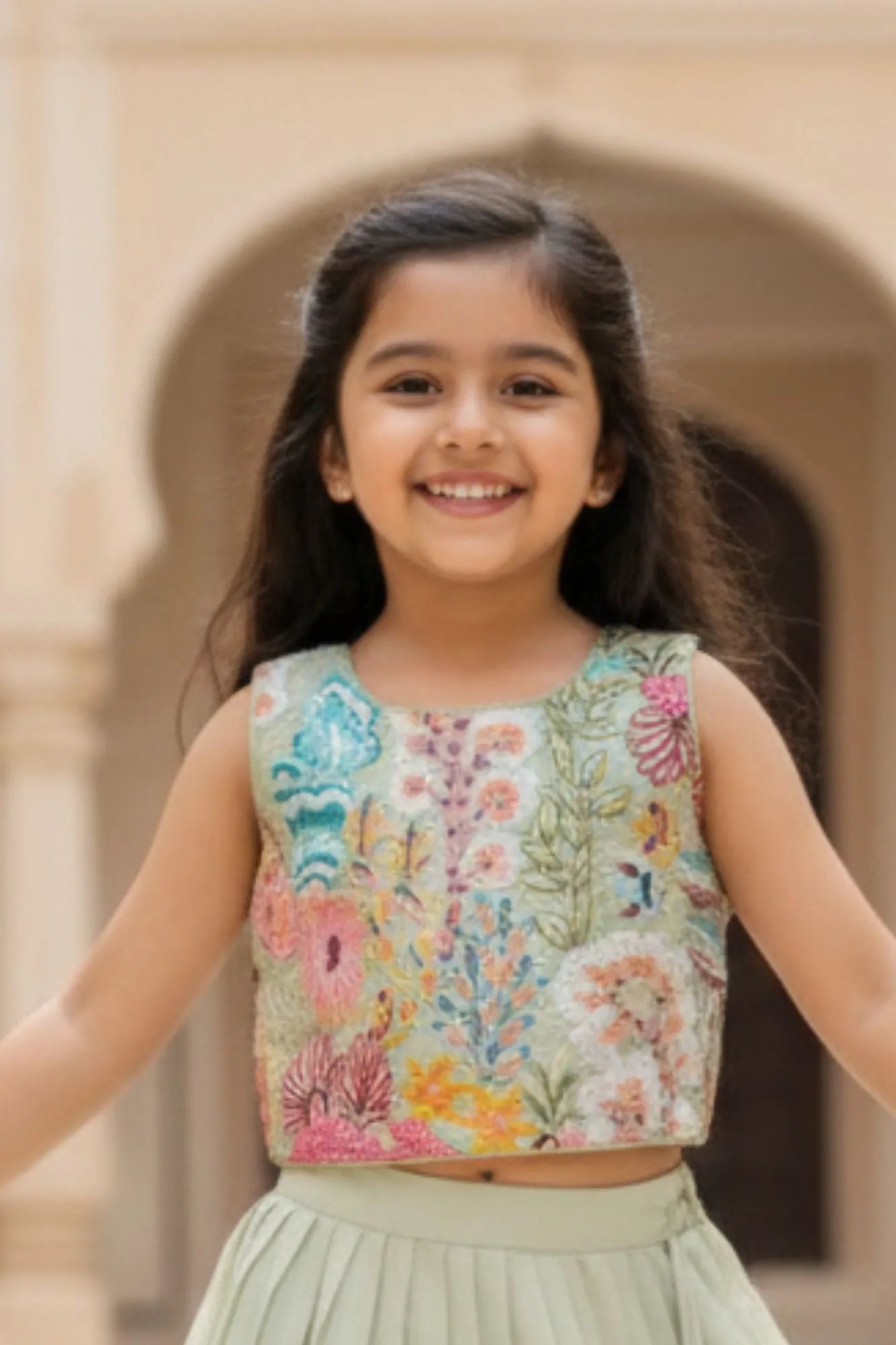 Pista Floral Embroidered Lehenga Choli For Girls