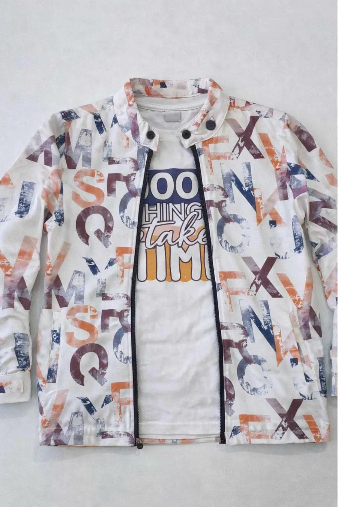 White Graphic Print T-Shirt & Multicolor Zip-Up Jacket Set For Boys