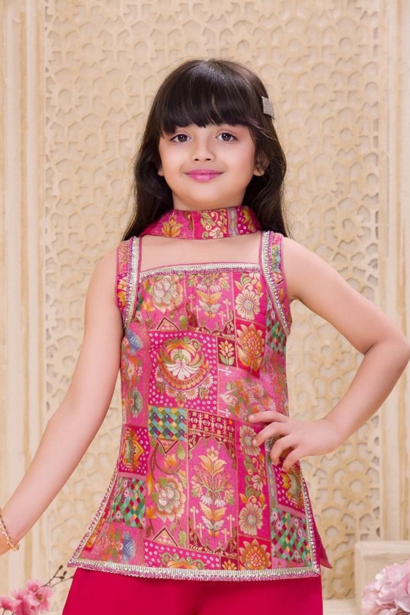 Rani Pink Embroidered Sharara Set with Dupatta For Girls