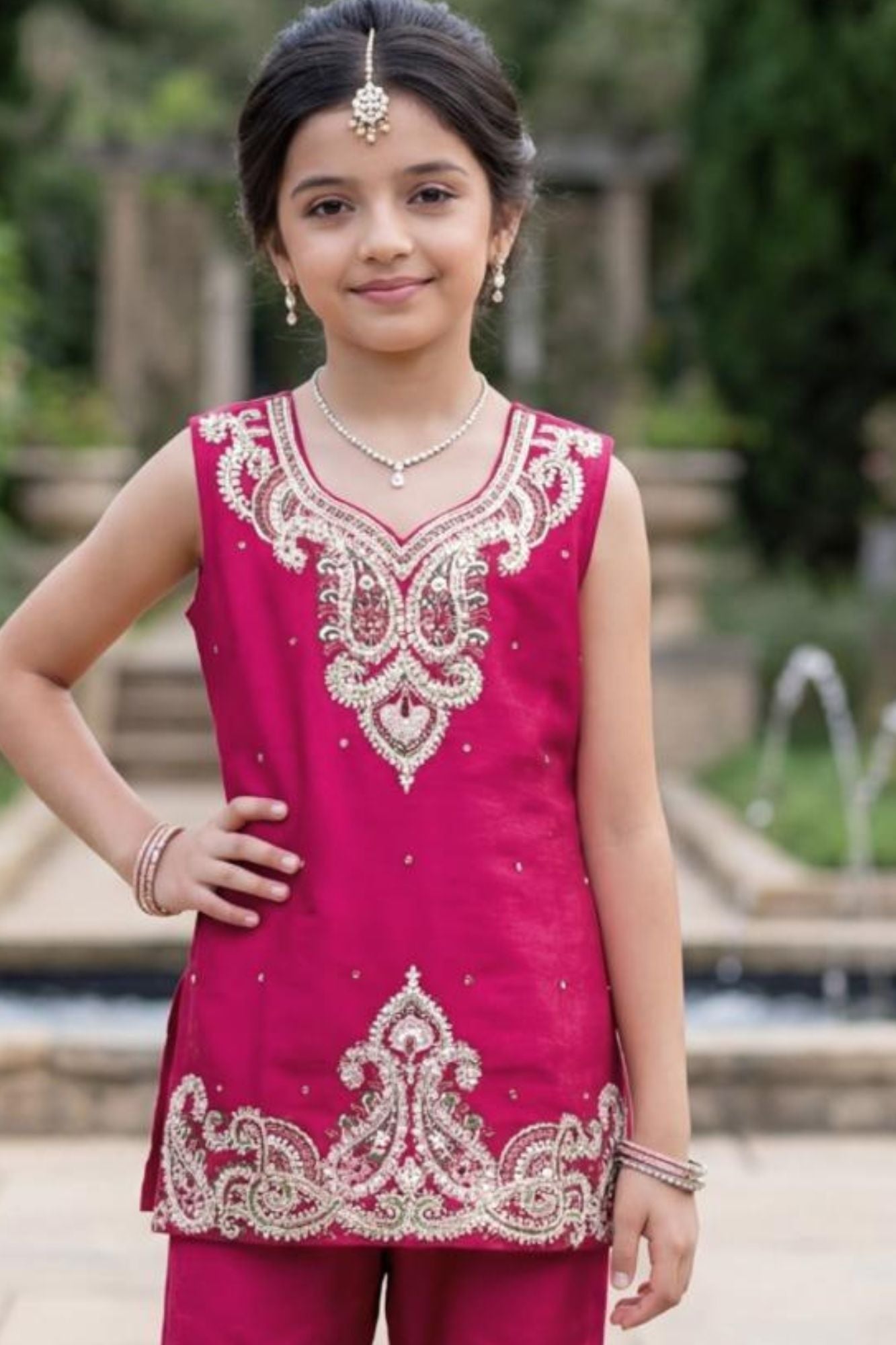 Rani Pink Zari Embroidered Sharara Set With Dupatta For Girls