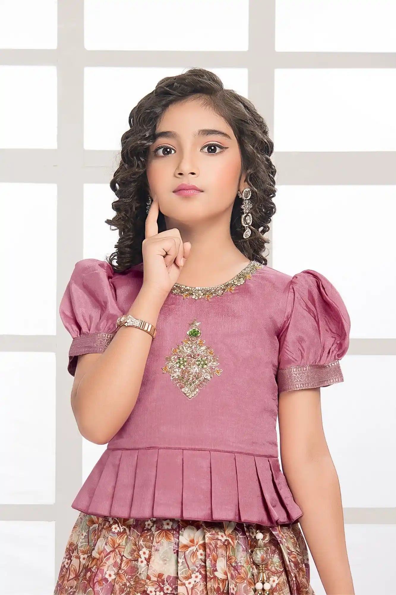 Mauve Peplum Top And Floral Woven Pattu Pavadai Set with Dupatta For Girls
