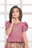 Mauve Peplum Top And Floral Woven Pattu Pavadai Set with Dupatta For Girls