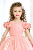 Peach Partywear Frock Embellished With Flowers For Girls