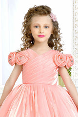 Peach Partywear Frock Embellished With Flowers For Girls