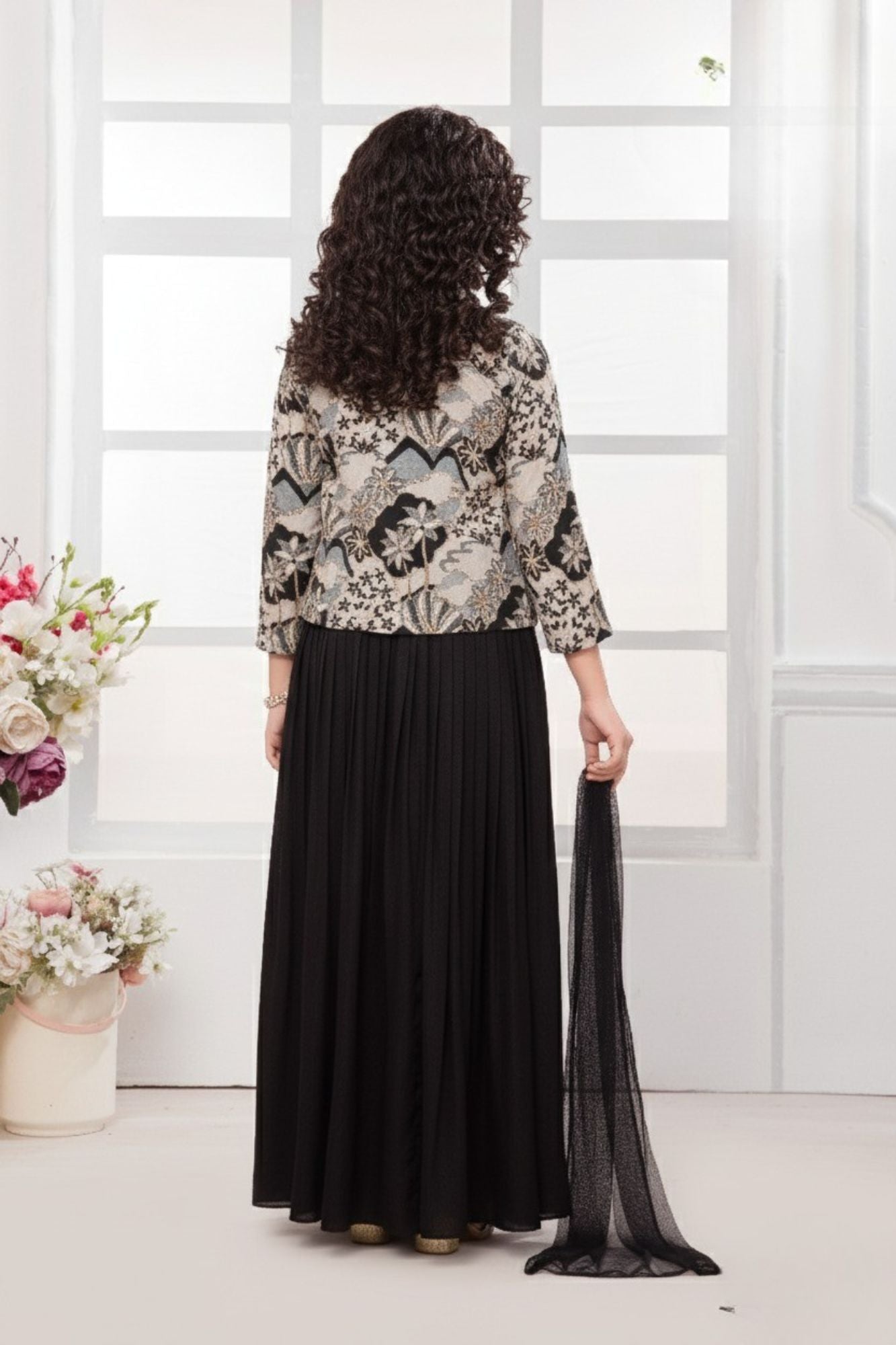 Black Palazzo Set with Embroidered Jacket and Dupatta For Girls