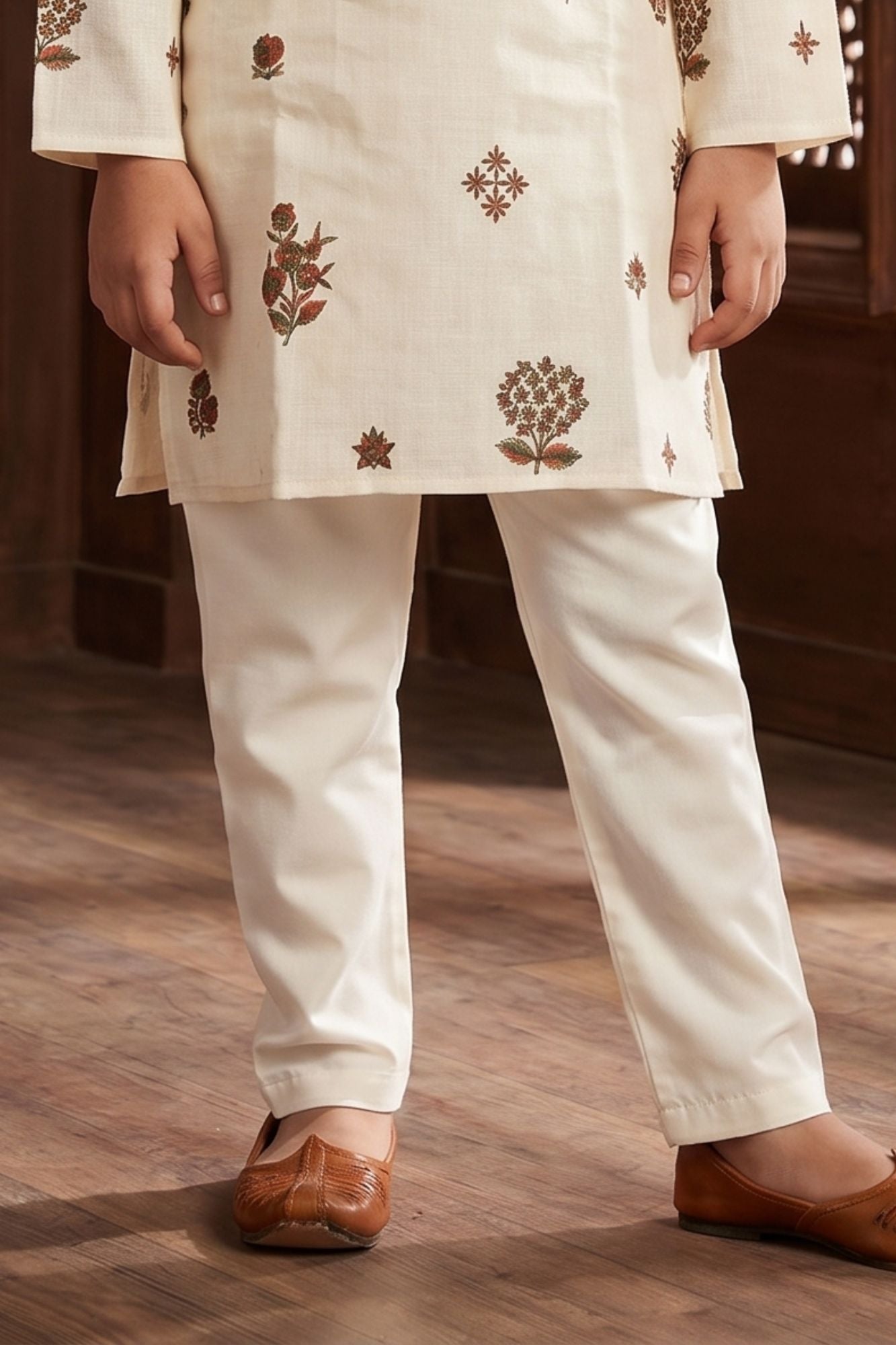 Cream Embroidered Kurta Pyjama Set For Boys
