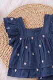 Girls Blue Floral Embroidered Top And Pant Co-ord Set