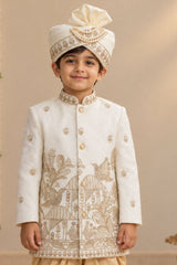 Boys Ivory And Gold Embroidered Kurta Dhoti Set