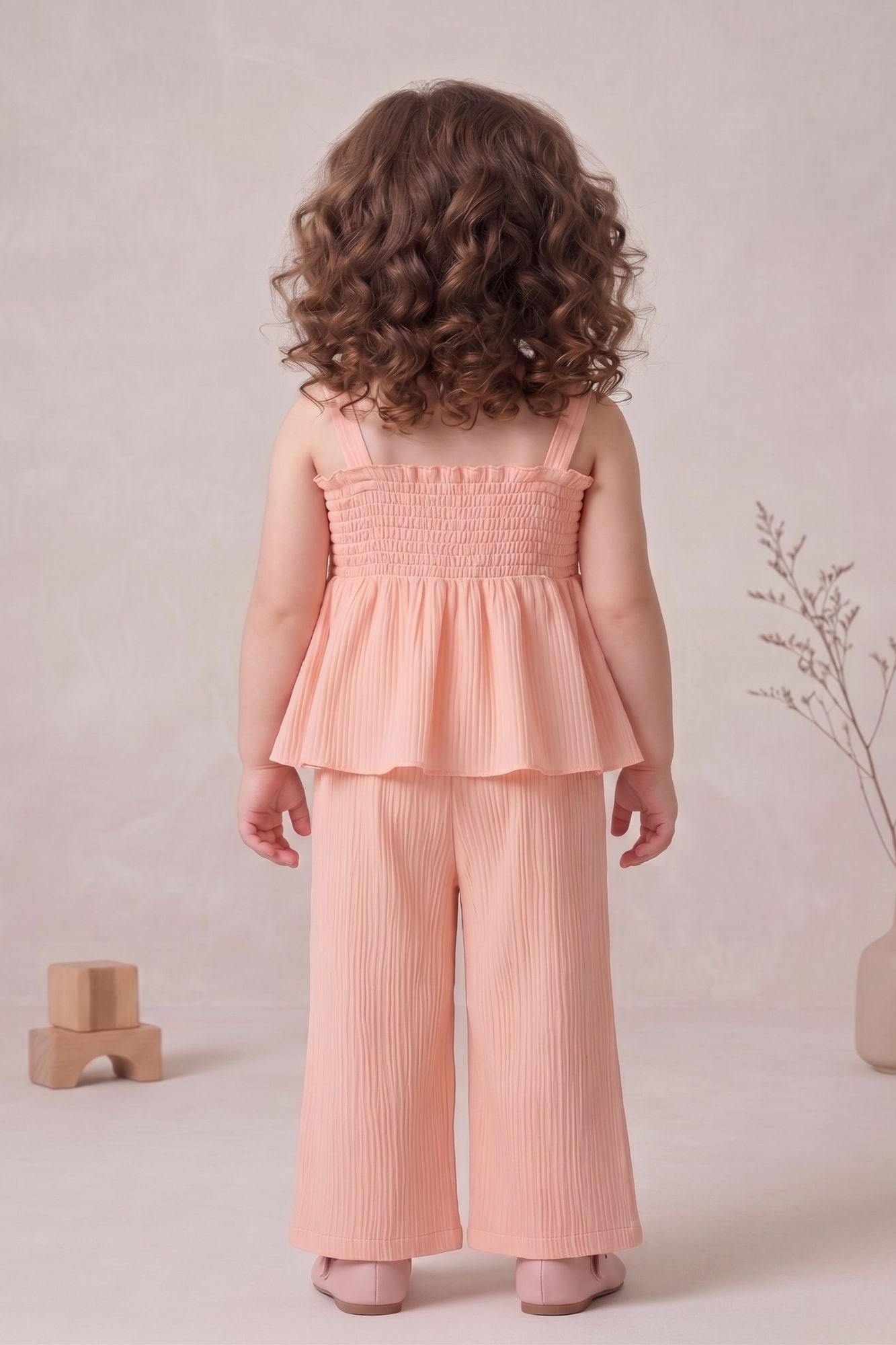 Girls Peach Smocked Ruffle Top with Wide-Leg Pants Co-Ord Set