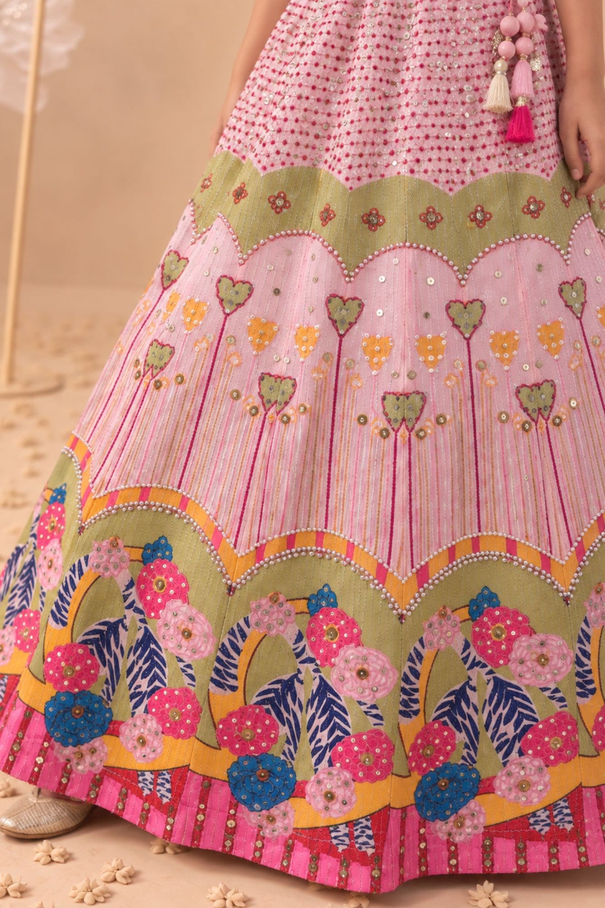 Baby Pink With Multicolor Floral Embellished Lehenga Choli Set