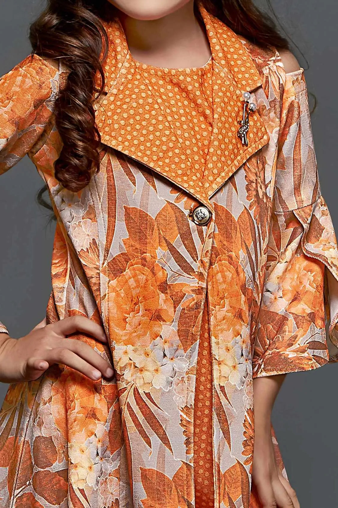 Orange Floral Printed Dress For Girls