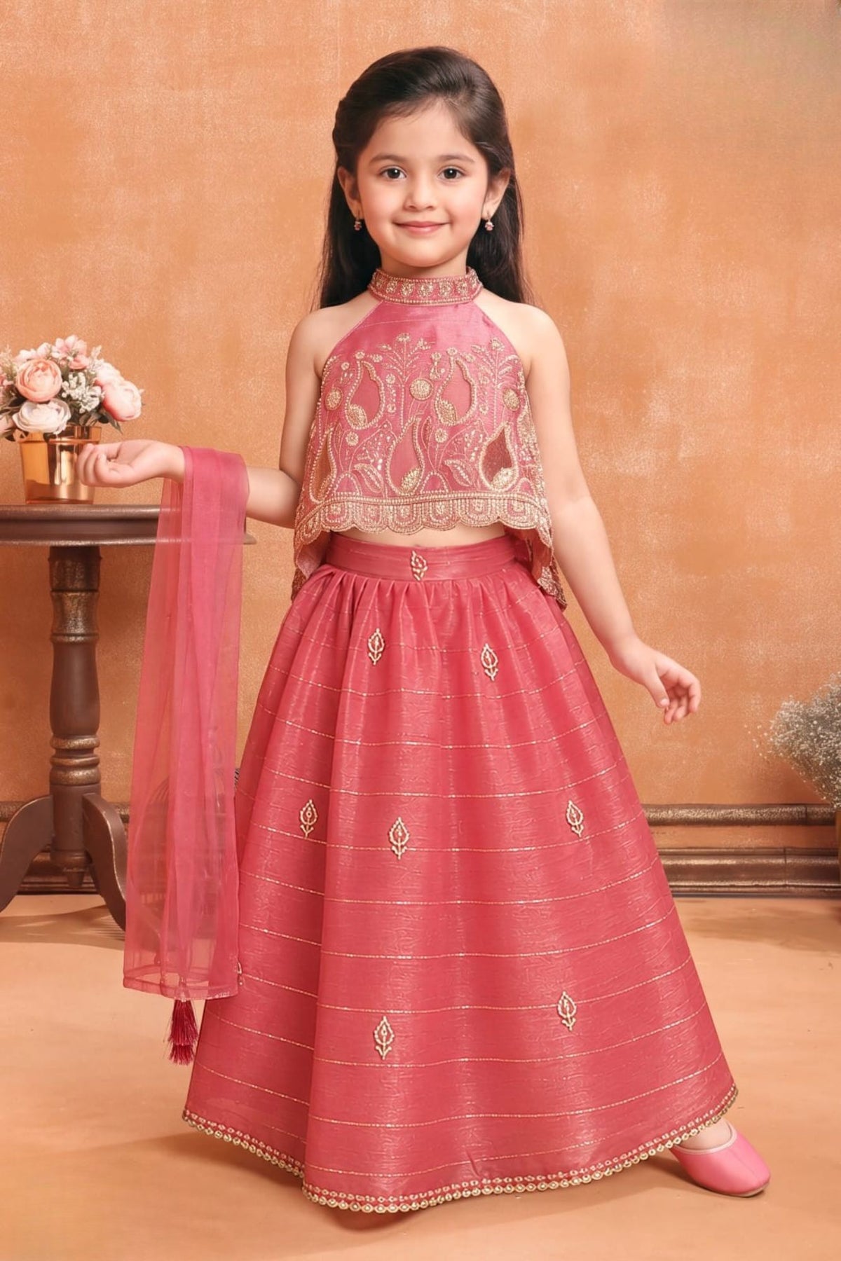 Girls Pink Sequin Embroidered Lehenga Choli Set With Dupatta
