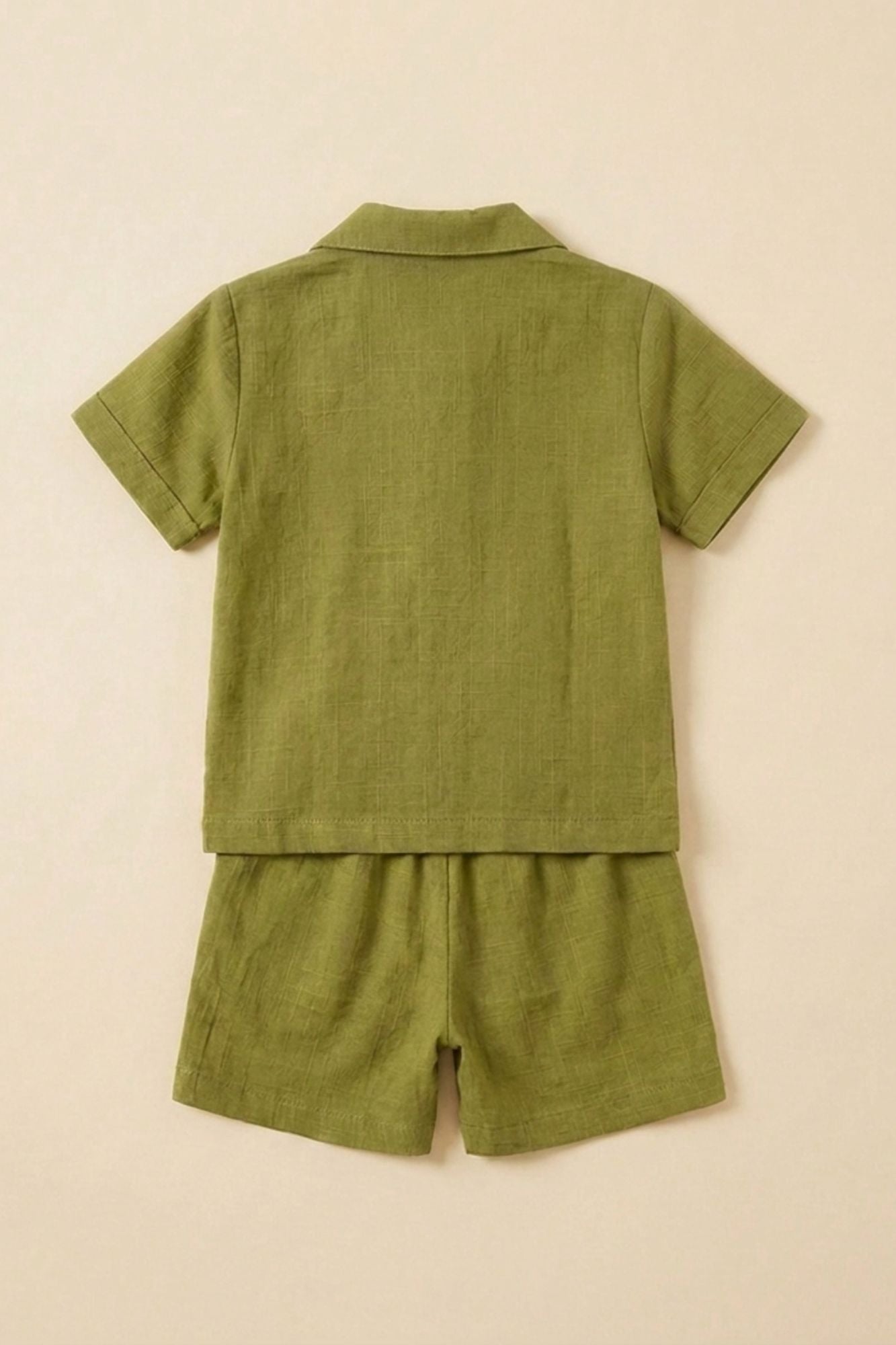 Boys Olive Green Tropical Embroidered Shorts Set with Collared Shirt