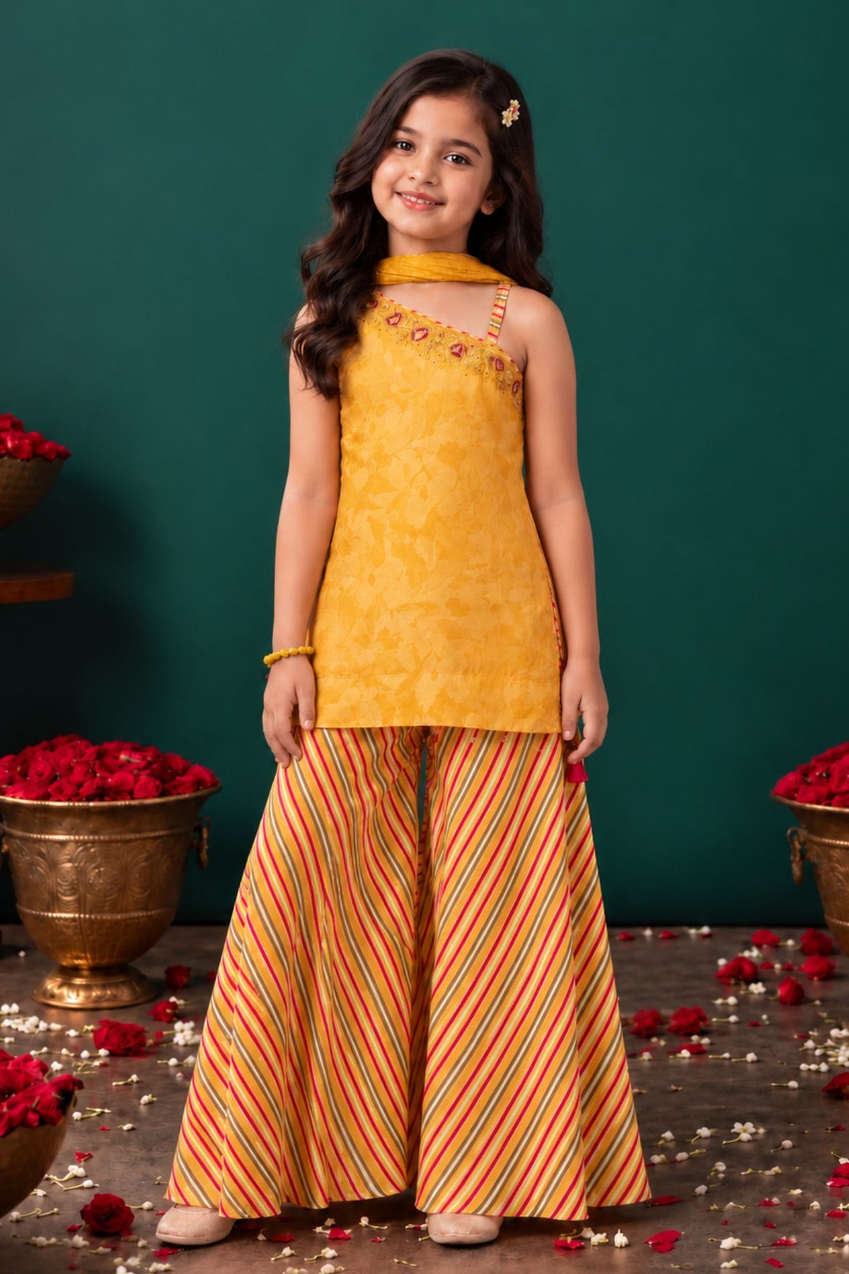 Girls Mustard Yellow Embroidered Palazzo Set With Leheriya Print And Dupatta