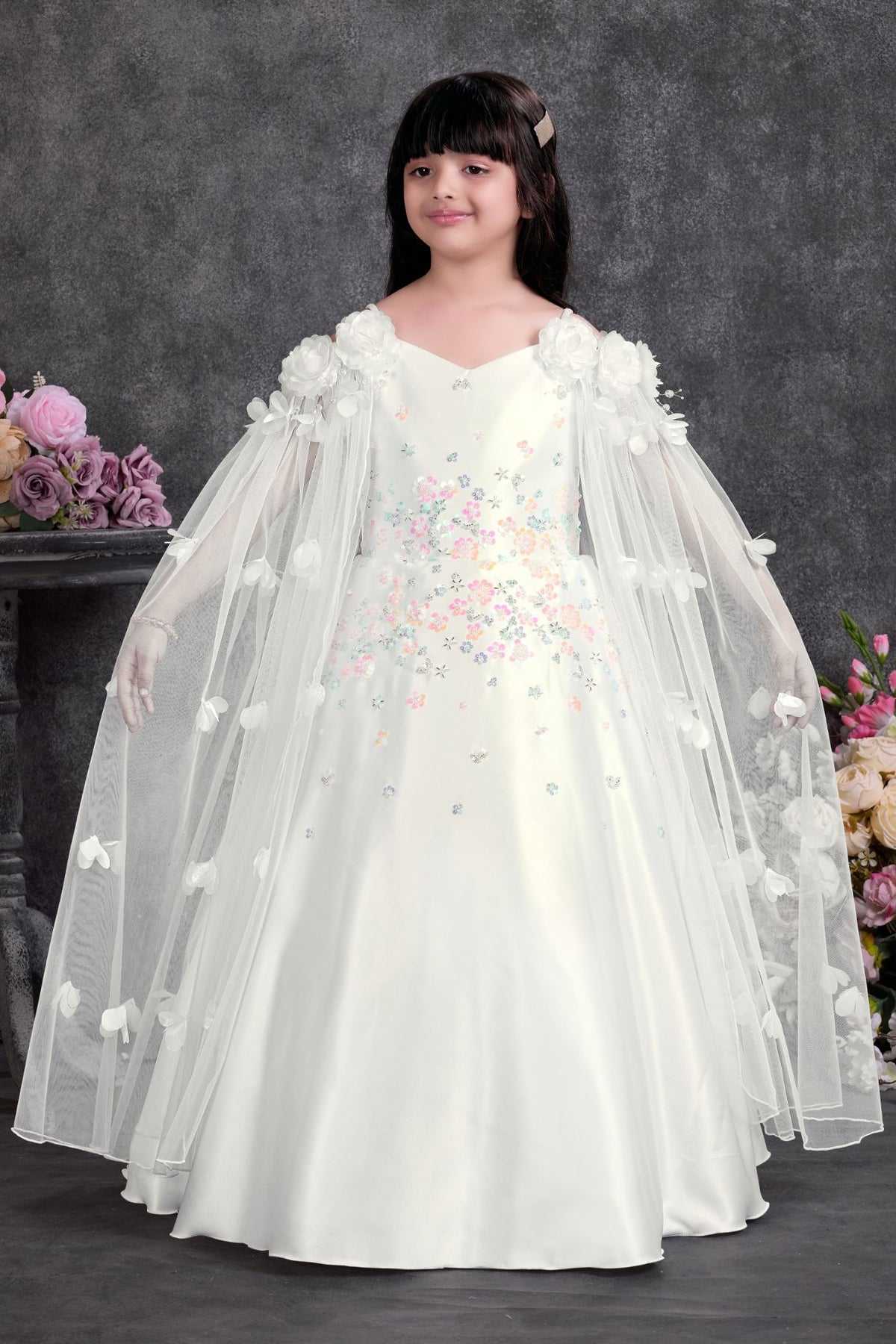 Girls Floral Sequin Embellished White Party Gown