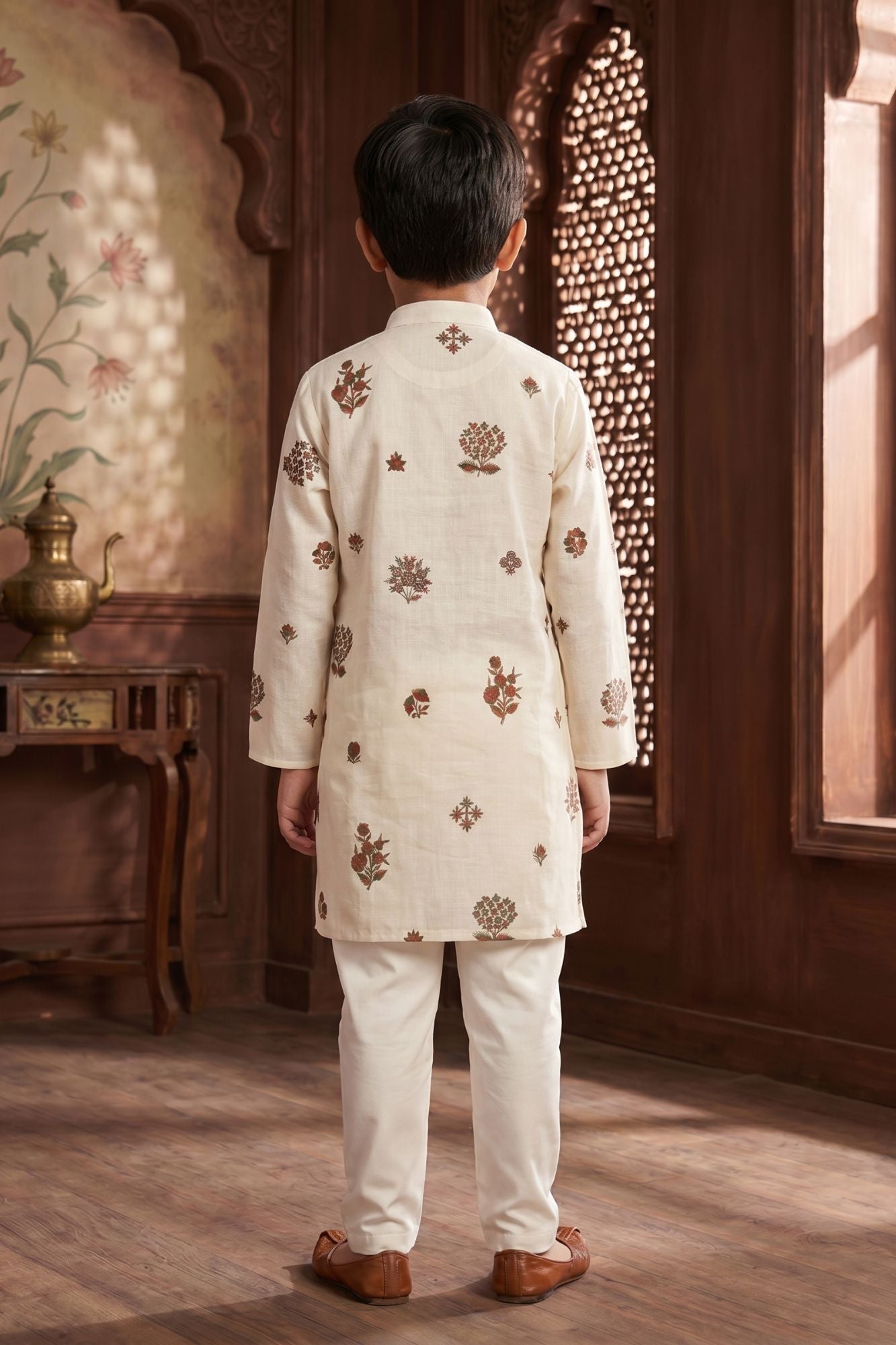 Cream Embroidered Kurta Pyjama Set For Boys