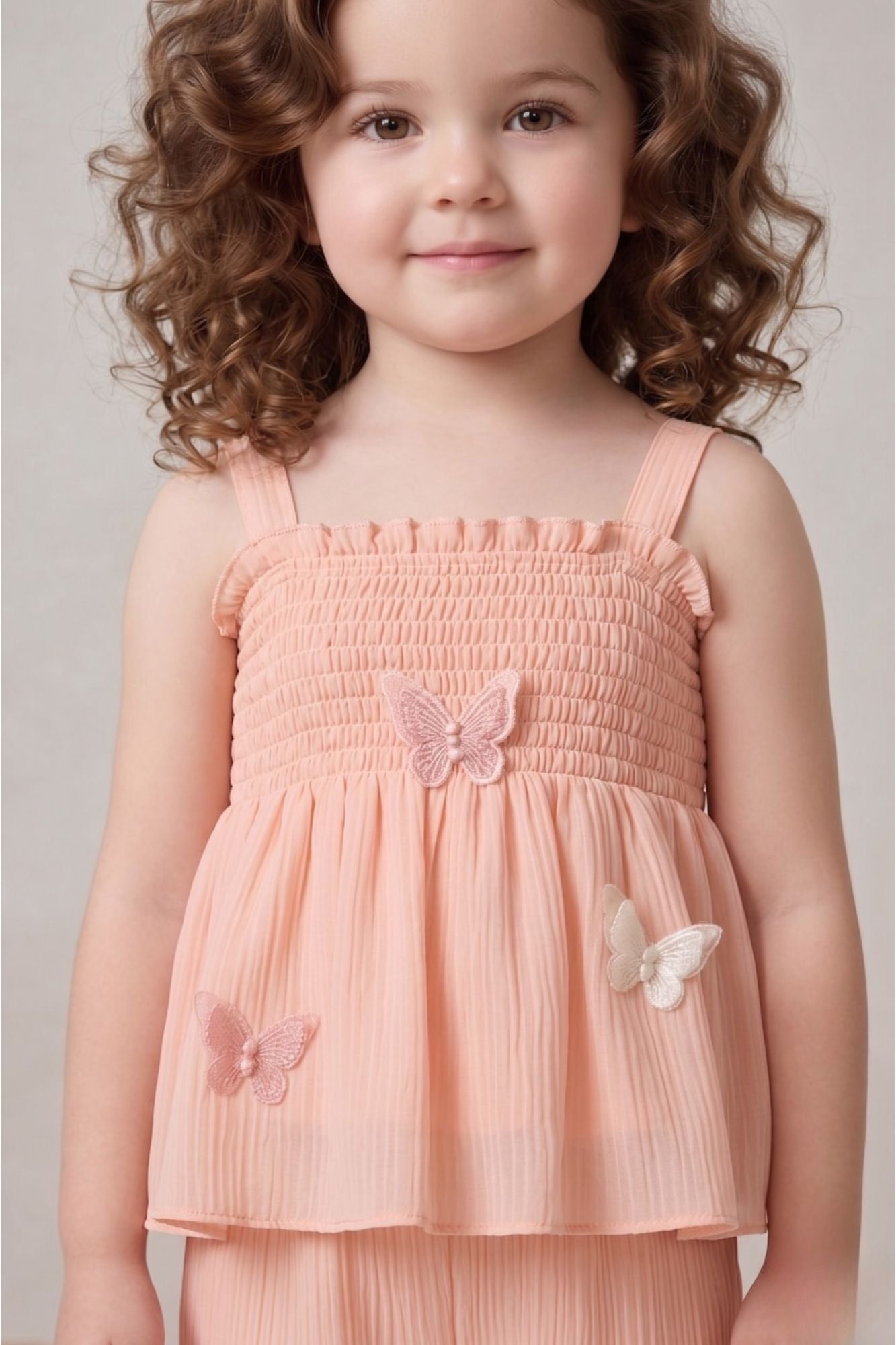 Girls Peach Smocked Ruffle Top with Wide-Leg Pants Co-Ord Set