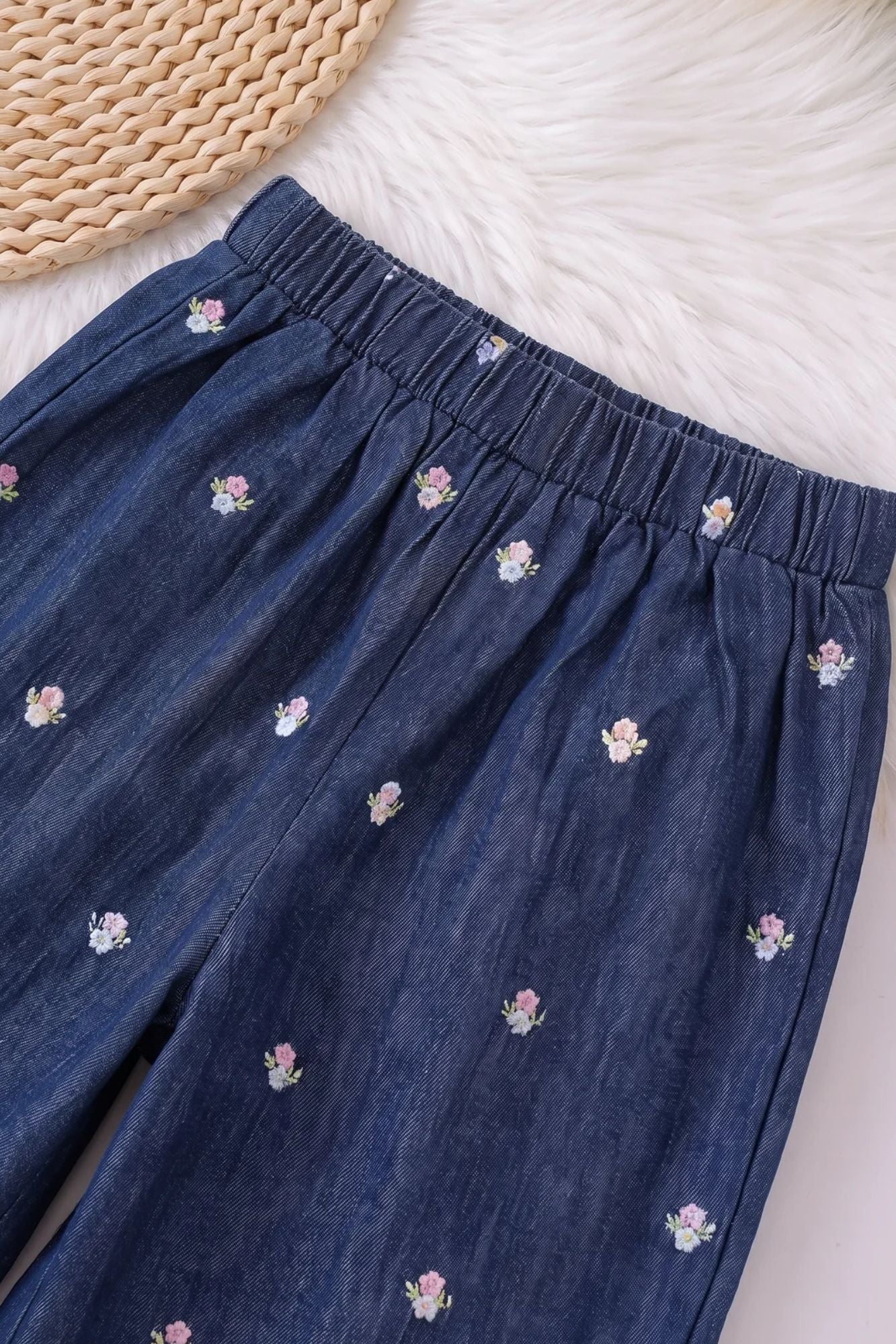 Girls Blue Floral Embroidered Top And Pant Co-ord Set