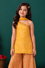 Girls Mustard Yellow Embroidered Palazzo Set With Leheriya Print And Dupatta