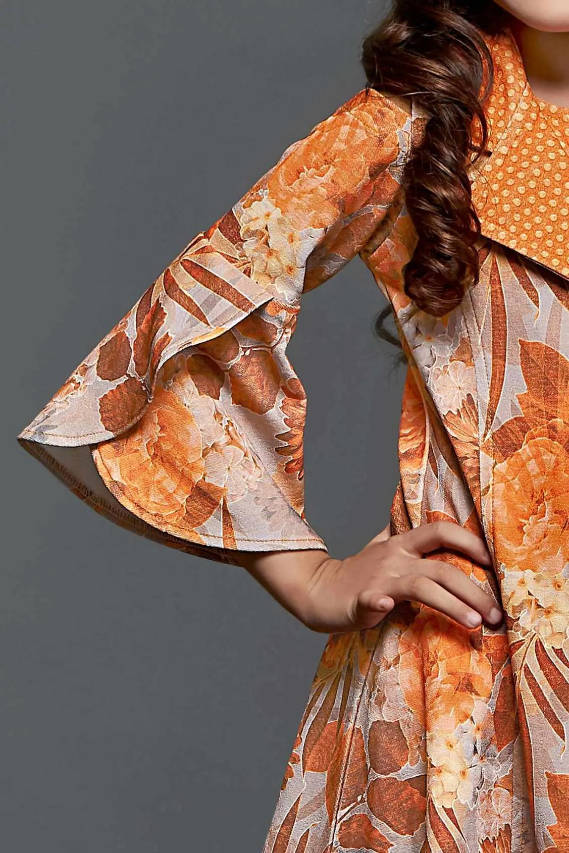 Orange Floral Printed Dress For Girls