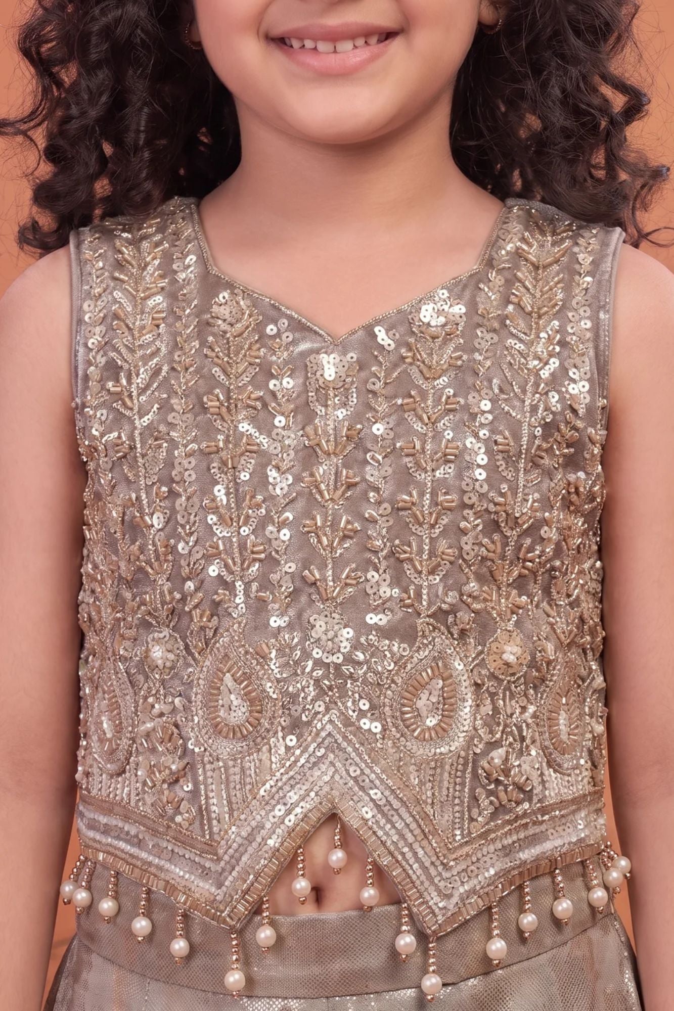 Girls Taupe Brown Embroidered Palazzo Set with Dupatta