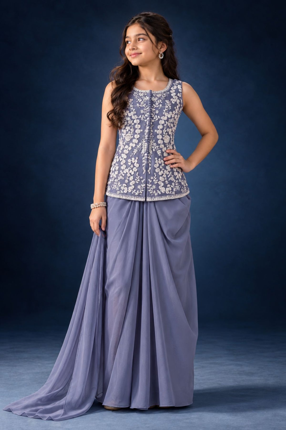 Lavender Embroidered Draped Dhoti Skirt Set For Girls