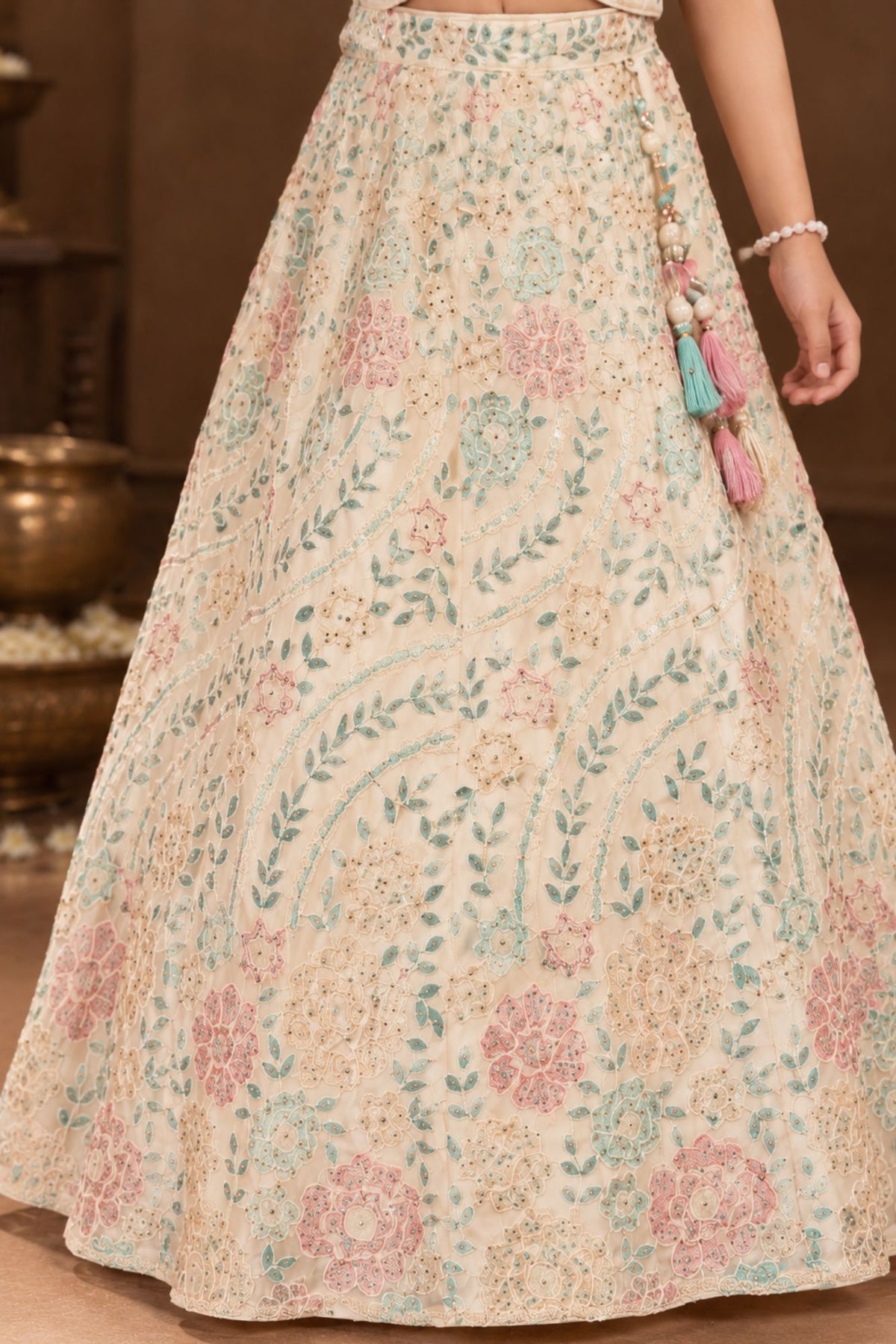 Pastel Mint And Peach Floral Embroidered Lehenga Choli Set For Girls
