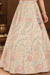 Pastel Mint And Peach Floral Embroidered Lehenga Choli Set For Girls