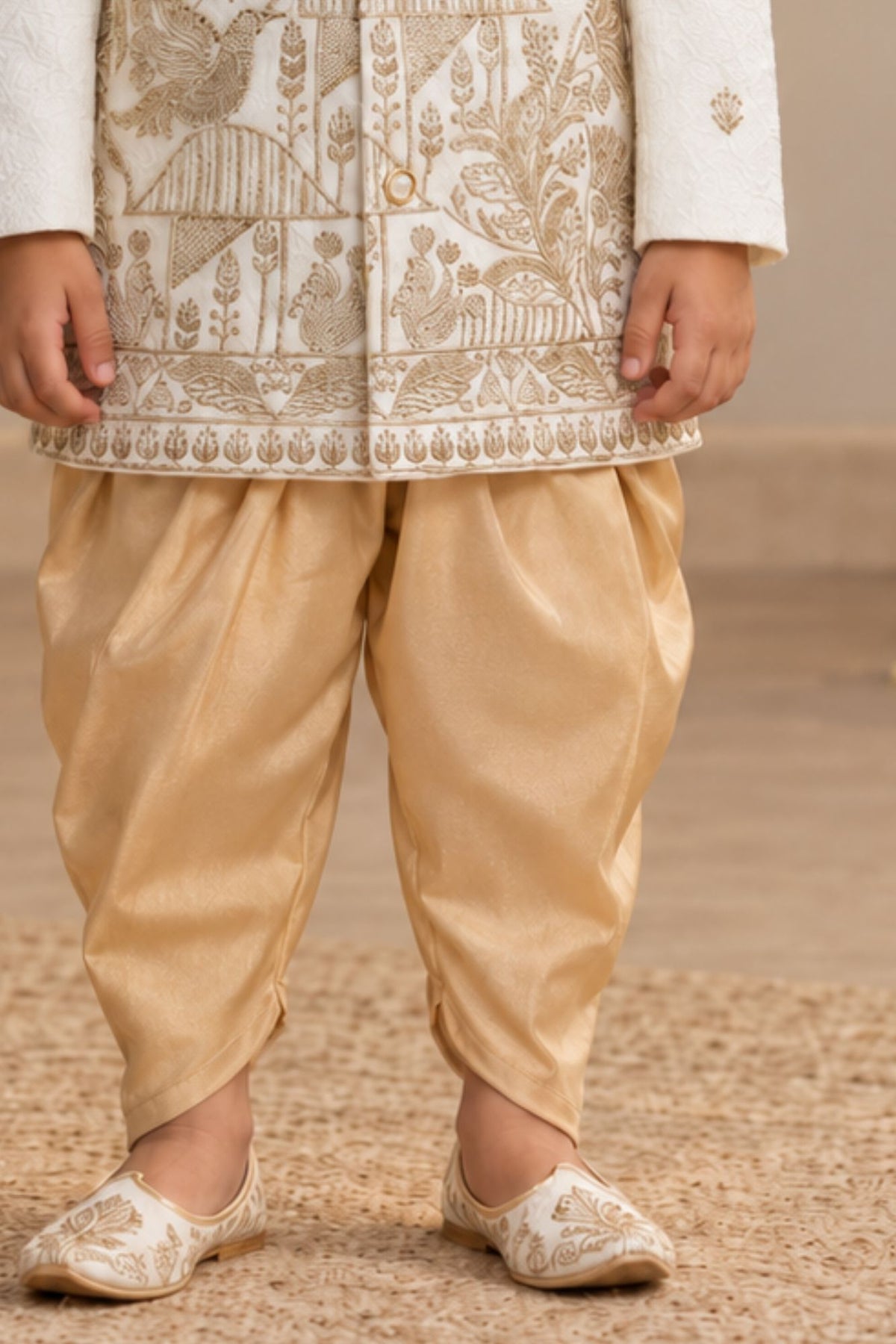 Boys Ivory And Gold Embroidered Kurta Dhoti Set