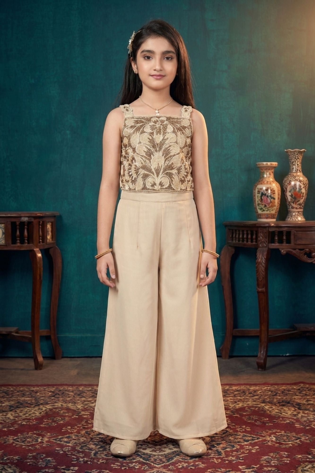 Cream Floral Embroidered Top And Palazzo Set For Girls