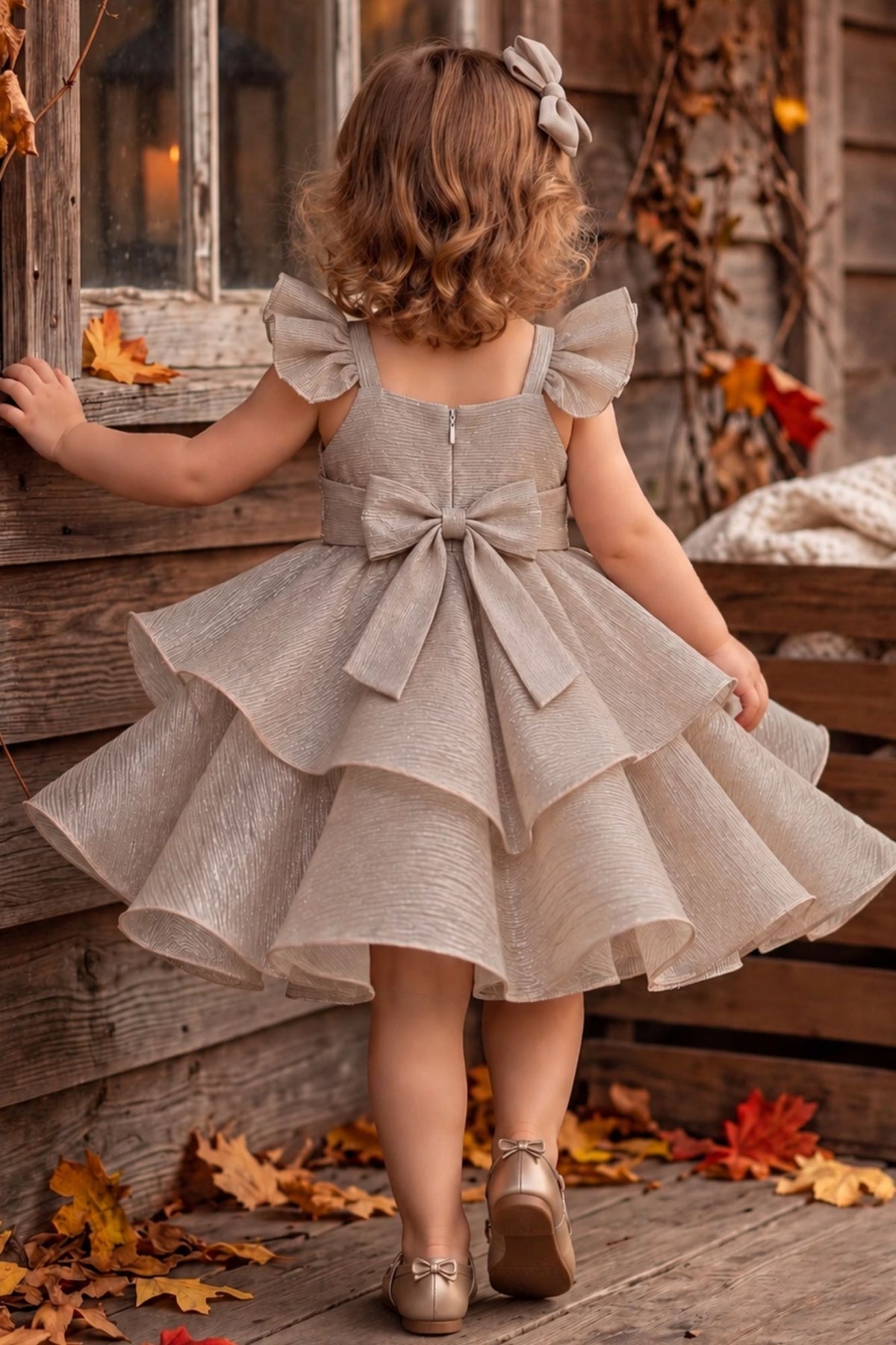 Girls Grey Sequin Layered Party Frock With Bow Detailing