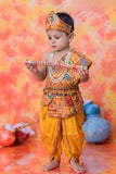 Boys Mustard Yellow Patchwork Ethnic Printed Krishna Dhoti Set with Accessories