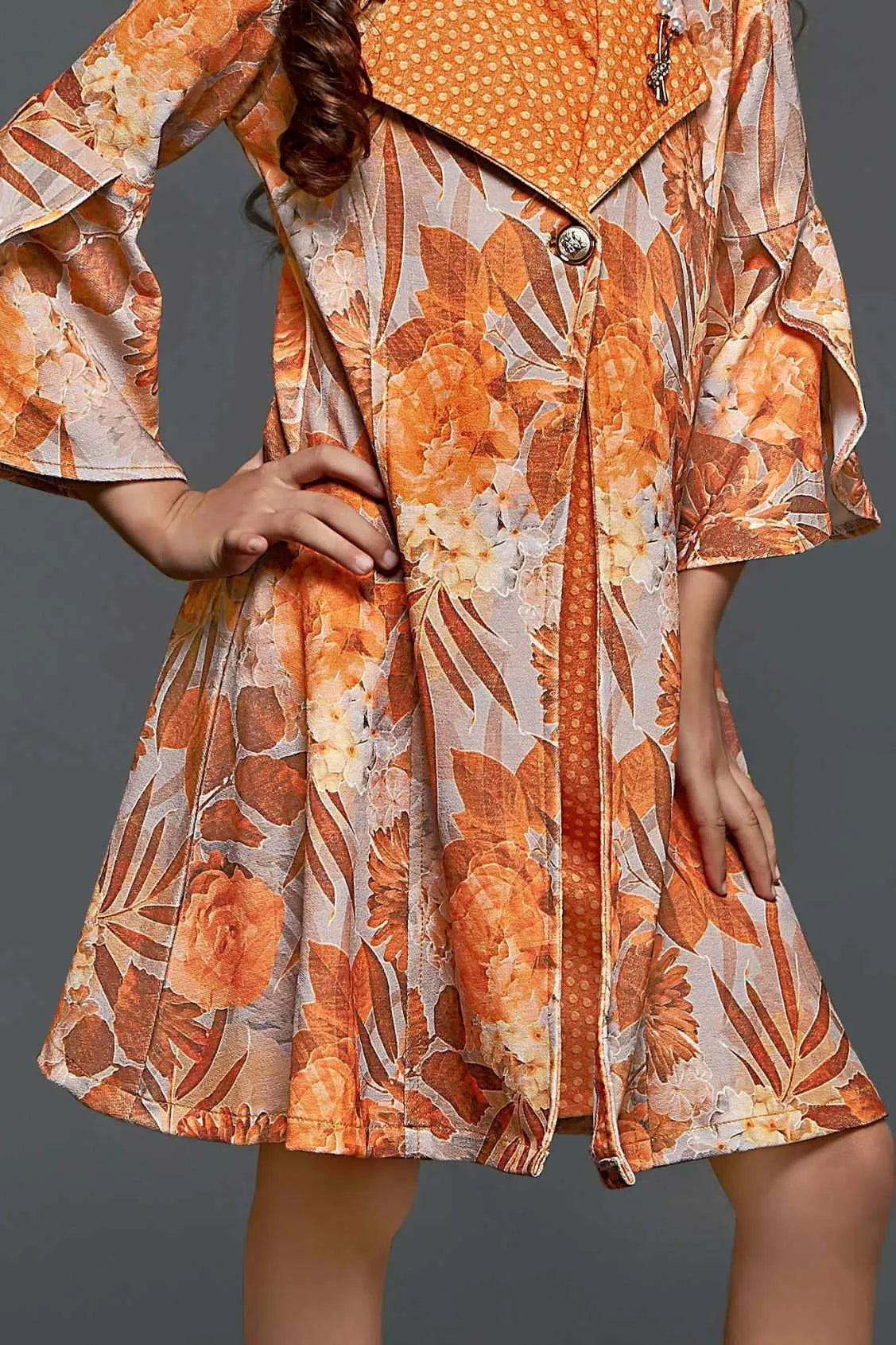 Orange Floral Printed Dress For Girls