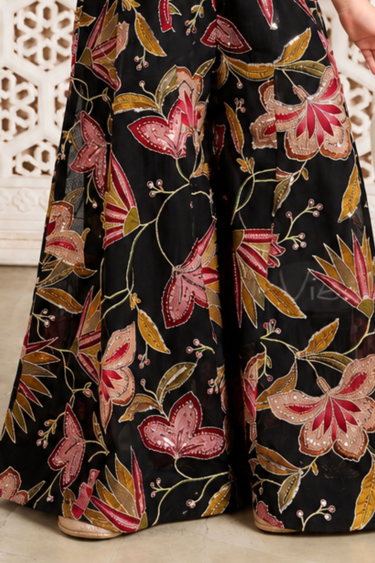 Girls Elegant Black Multicolor Printed Floral Embroidered Jump Suit