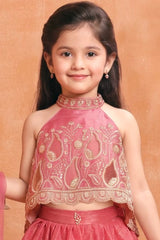 Girls Pink Sequin Embroidered Lehenga Choli Set With Dupatta