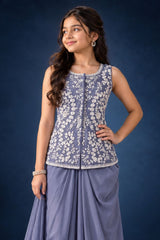 Lavender Embroidered Draped Dhoti Skirt Set For Girls