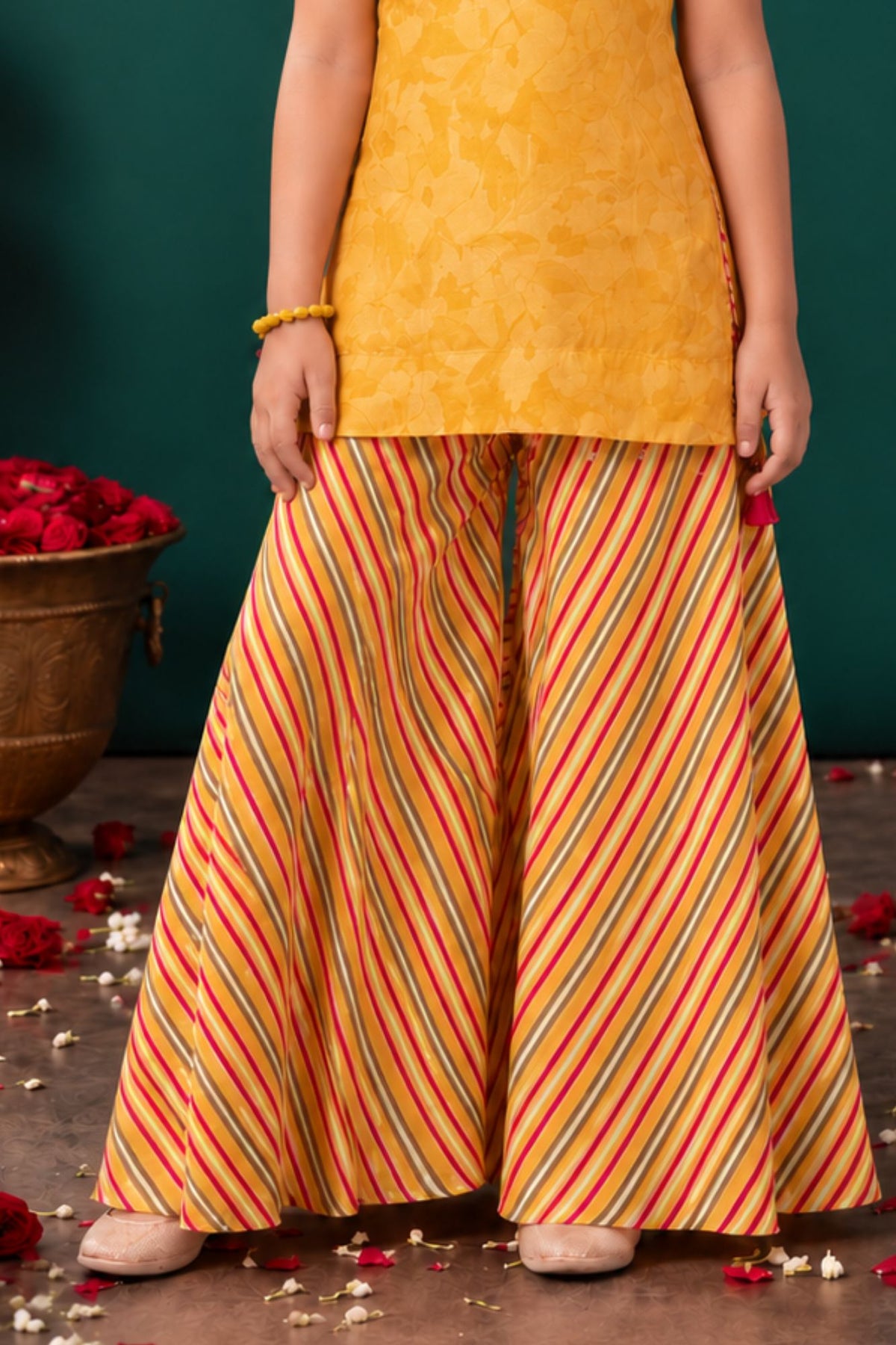Girls Mustard Yellow Embroidered Palazzo Set With Leheriya Print And Dupatta