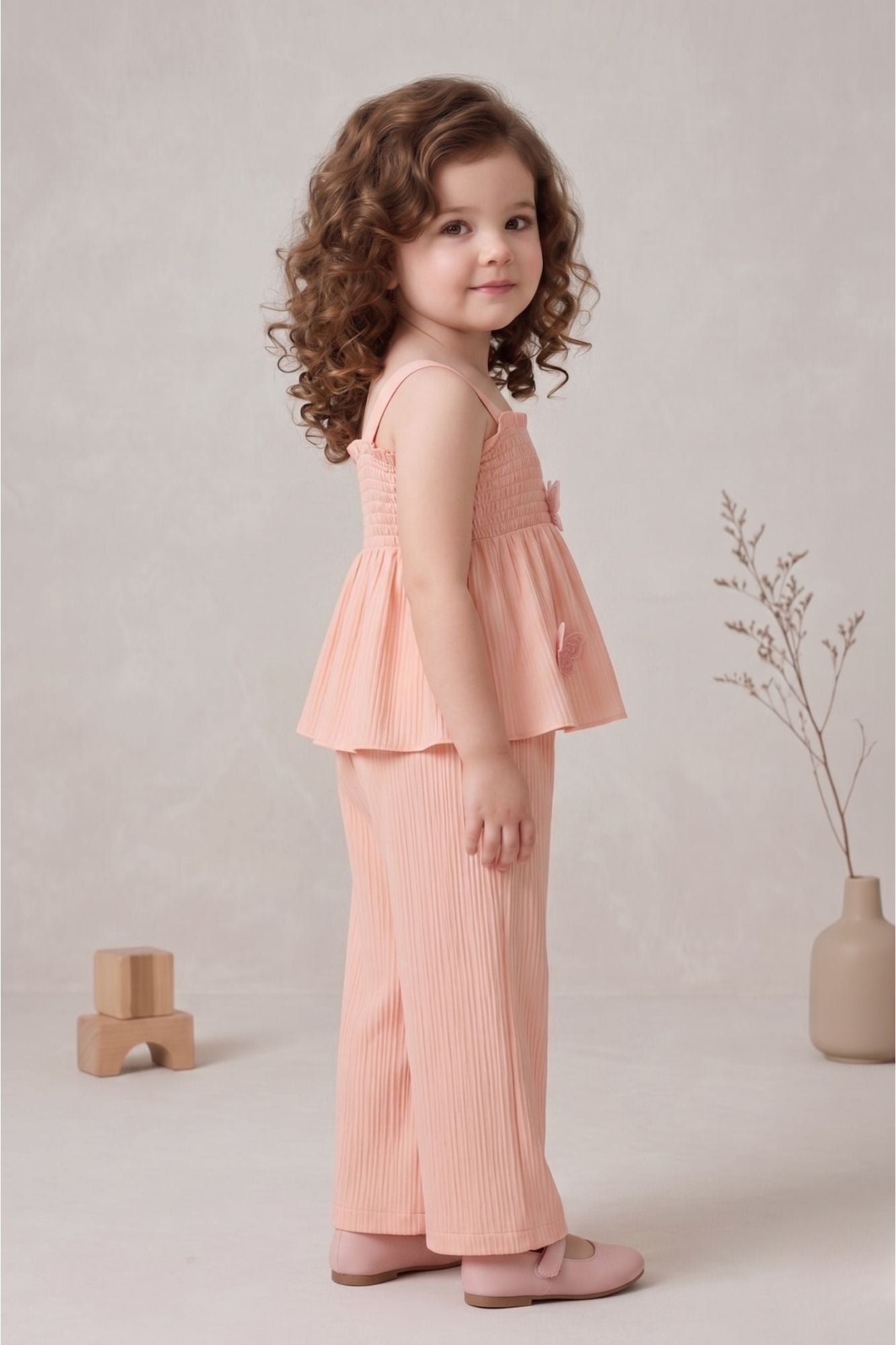 Girls Peach Smocked Ruffle Top with Wide-Leg Pants Co-Ord Set
