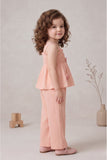 Girls Peach Smocked Ruffle Top with Wide-Leg Pants Co-Ord Set