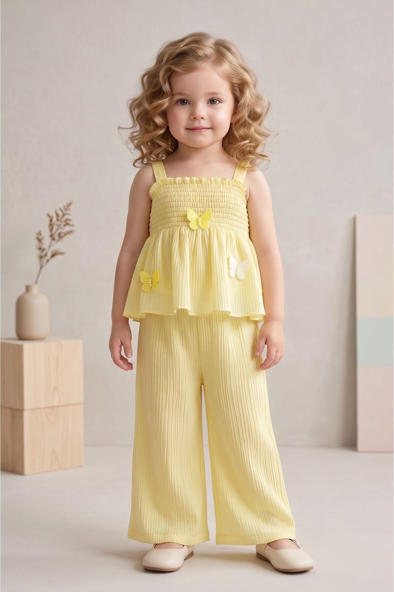 Girls Yellow Smocked Ruffle Top with Wide-Leg Pants Co-Ord Set