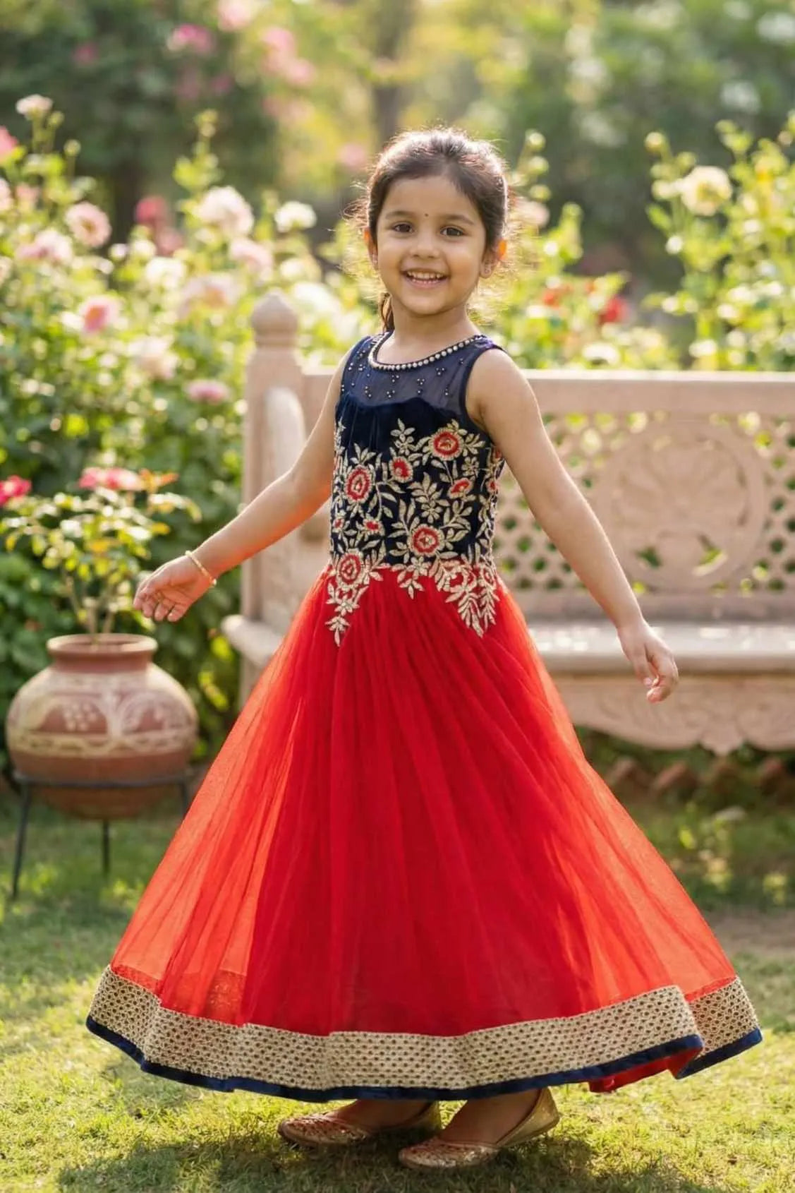 Red And Navy Embroidered Gown For Girls