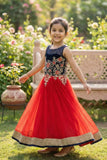 Red And Navy Embroidered Gown For Girls