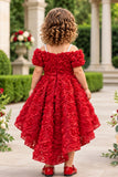 Girls Red 3D Floral Net High-Low Party Frock With Statement Bow