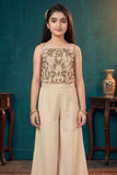 Cream Floral Embroidered Top And Palazzo Set For Girls