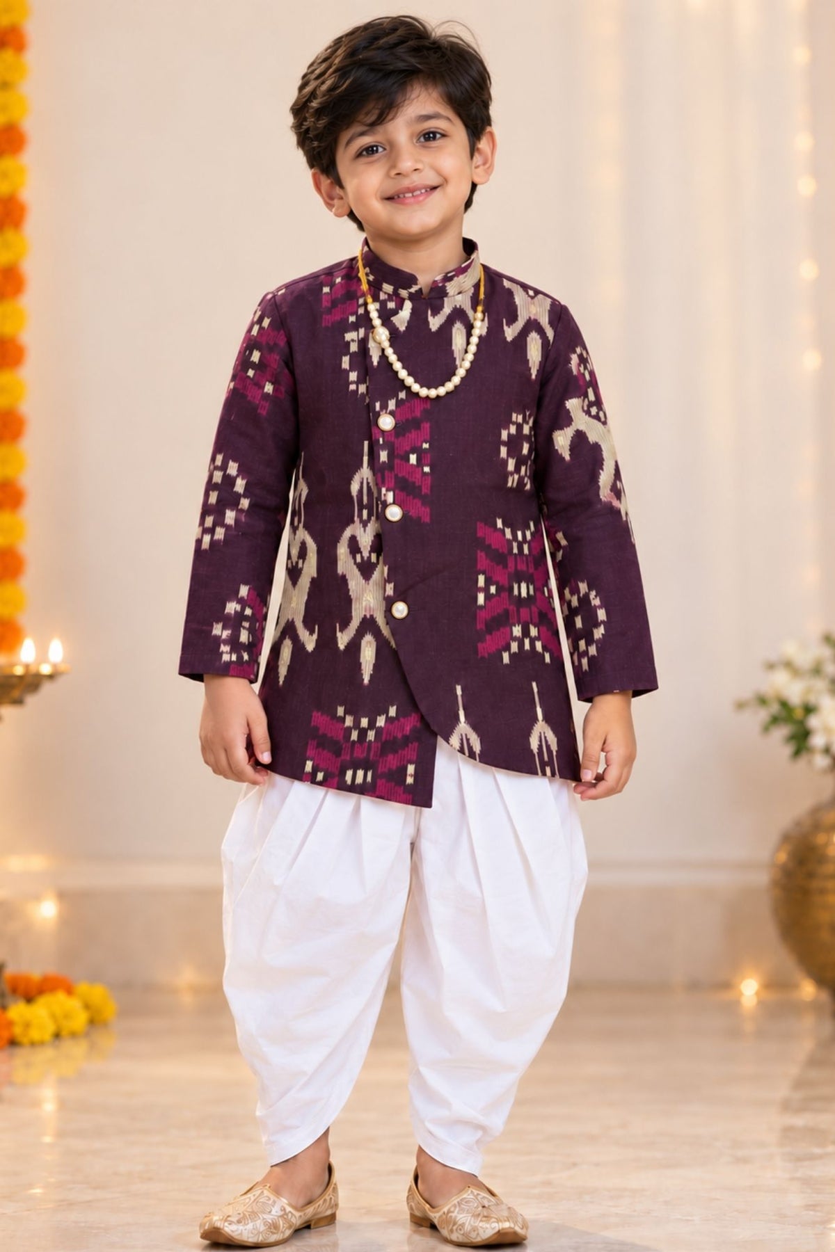 Boys Purple Printed Kurta Dhoti Pant Set