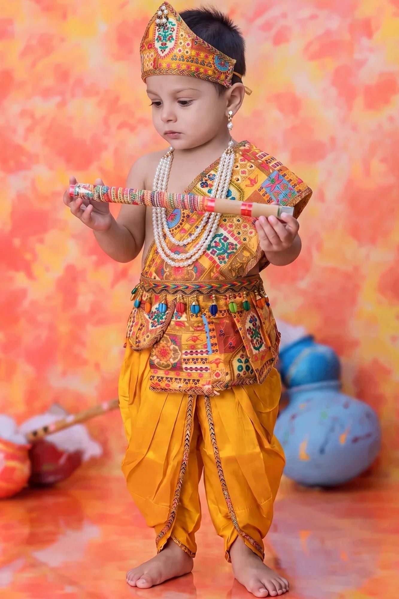 Boys Mustard Yellow Patchwork Ethnic Printed Krishna Dhoti Set with Accessories